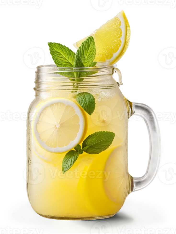 Lemonade Mason jar with fresh lemonade garnished with lemon slice and sprig of mint classic png