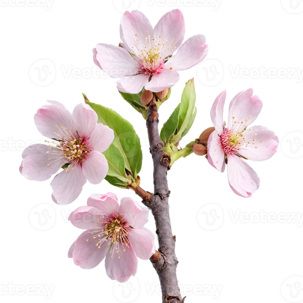 Almond Tree delicate pink flowers and elongated green fruits Prunus dulcis Final image should png