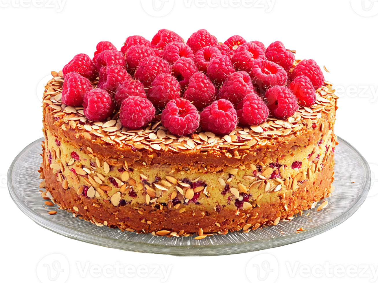 Gluten free almond and raspberry cake with fresh raspberries served on a transparent glass plate png
