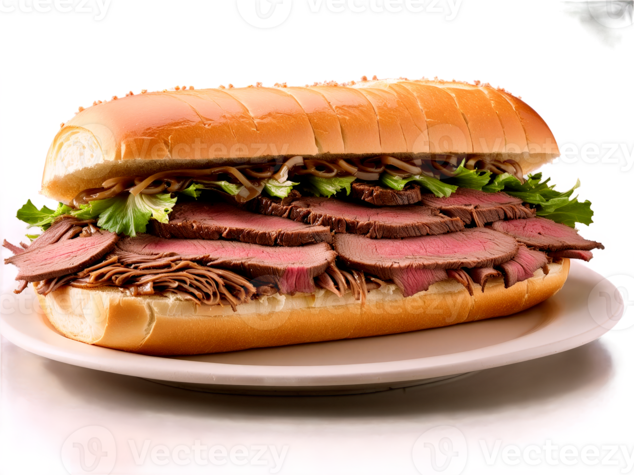 French Dip Thinly sliced roast beef piled high on hoagie roll served with side png