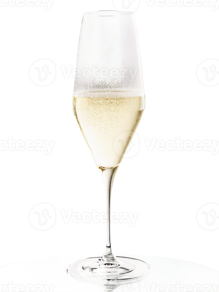 Stolzle Revolution Sparkling Wine glass, uniquely shaped crystal bowl, long stem, pale champagne with rising bubbles, hero shot from above, radiant glow, pure white background png