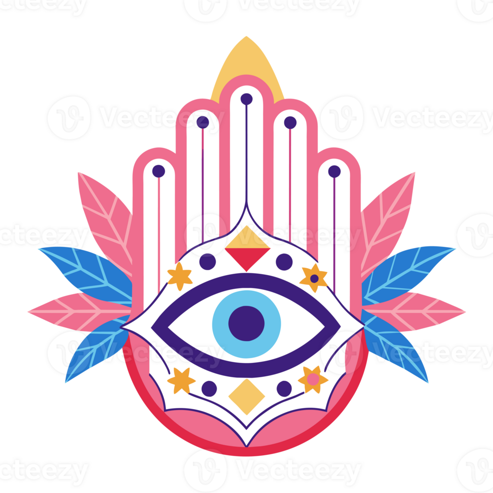 A colorful Hamsa hand design featuring an eye in the middle and symmetrical floral patterns on either side. png
