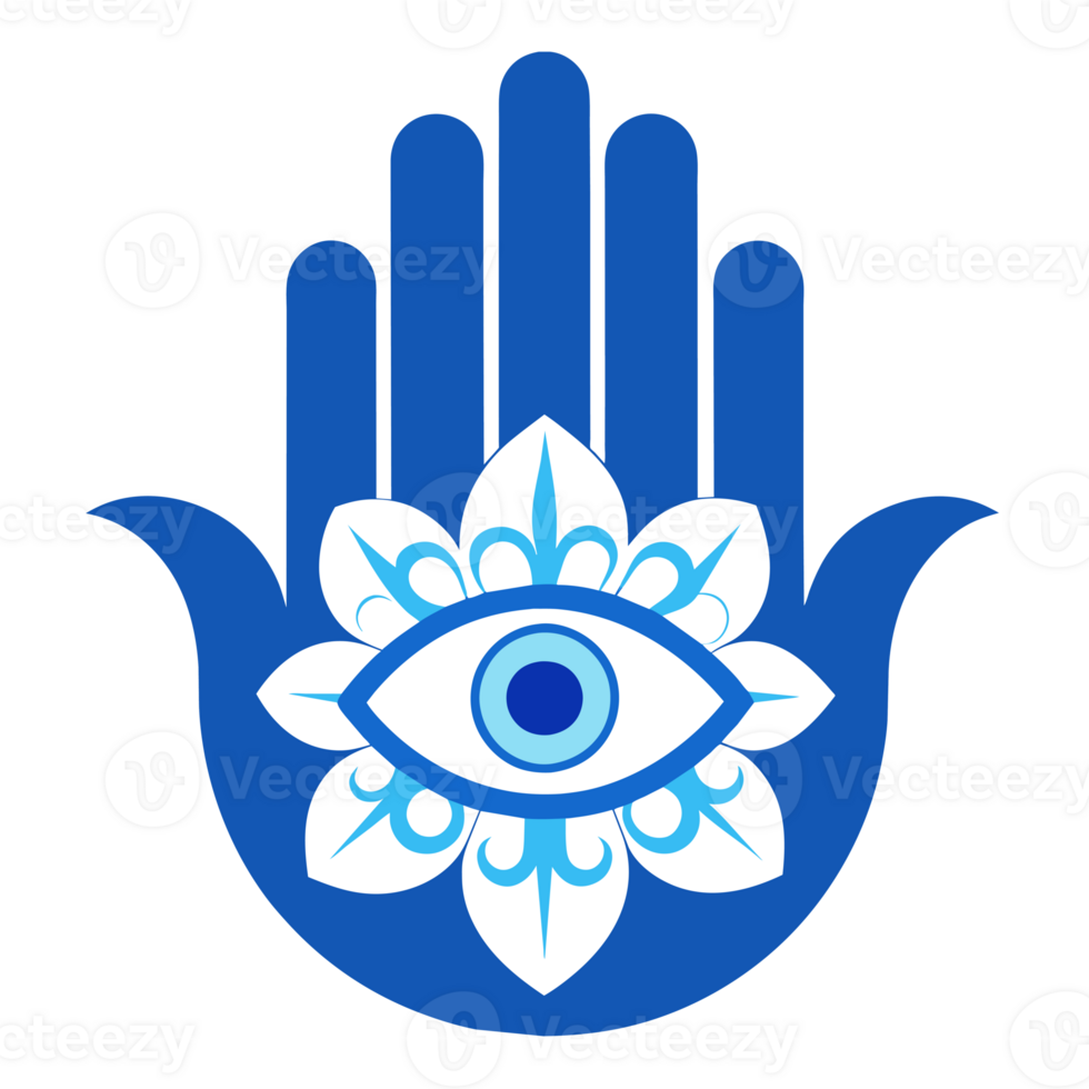 A colorful Hamsa hand design featuring an eye in the middle and symmetrical floral patterns on either side. png