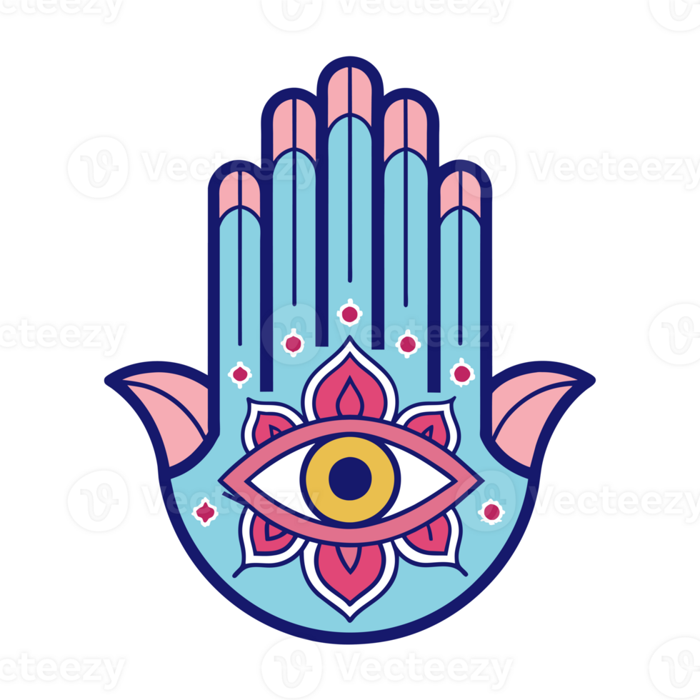 A colorful Hamsa hand design featuring an eye in the middle and symmetrical floral patterns on either side. png