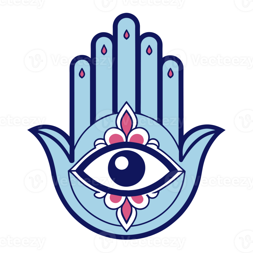 A colorful Hamsa hand design featuring an eye in the middle and symmetrical floral patterns on either side. png