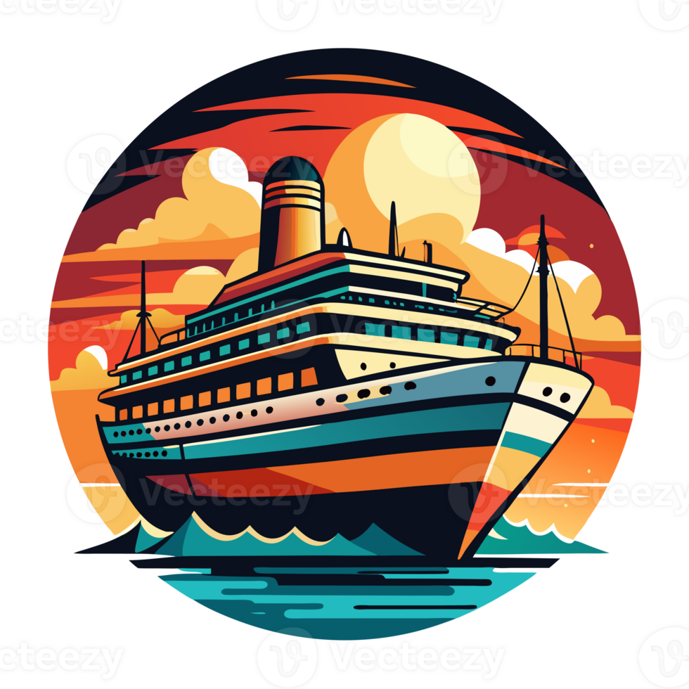 A cruise ship sails through calm waters against a vibrant sunset backdrop with clouds and a bold, round sun. png