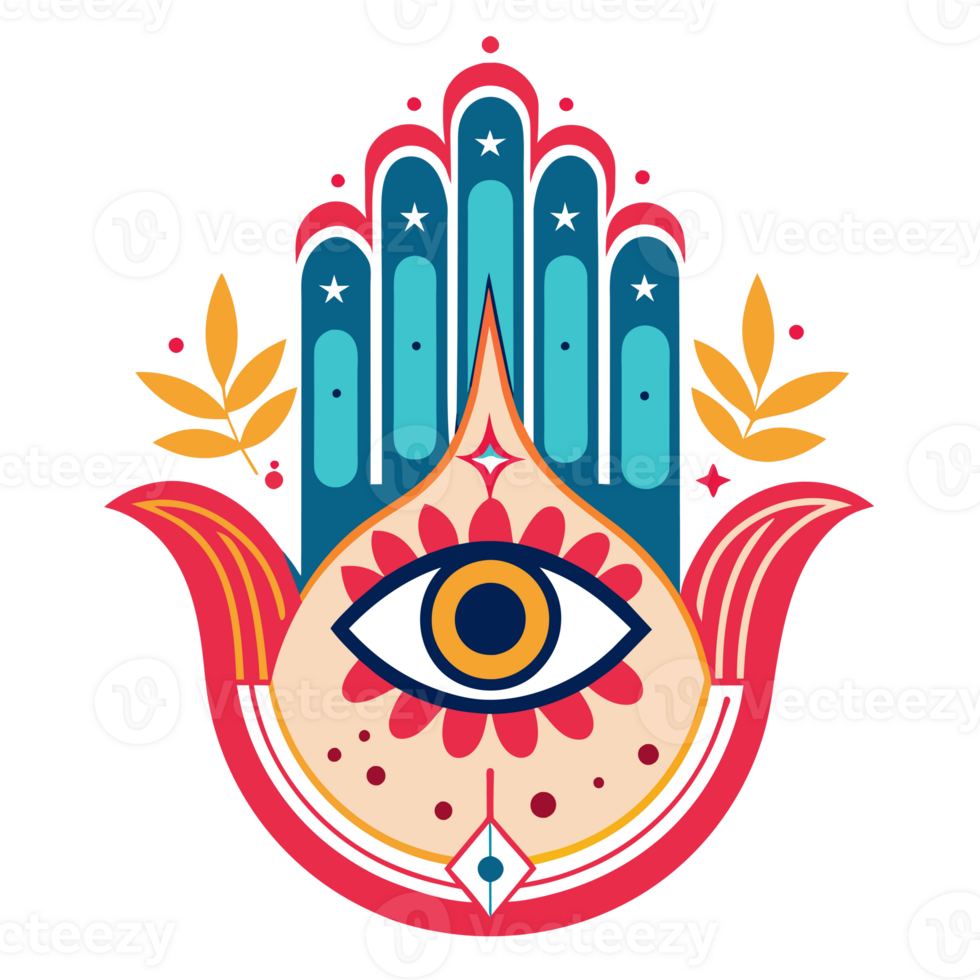 A colorful Hamsa hand design featuring an eye in the middle and symmetrical floral patterns on either side. png