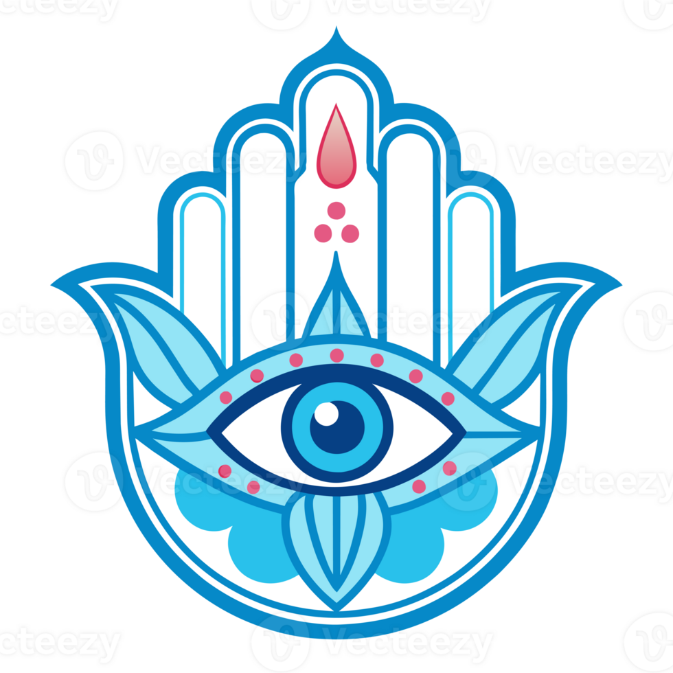 A colorful Hamsa hand design featuring an eye in the middle and symmetrical floral patterns on either side. png