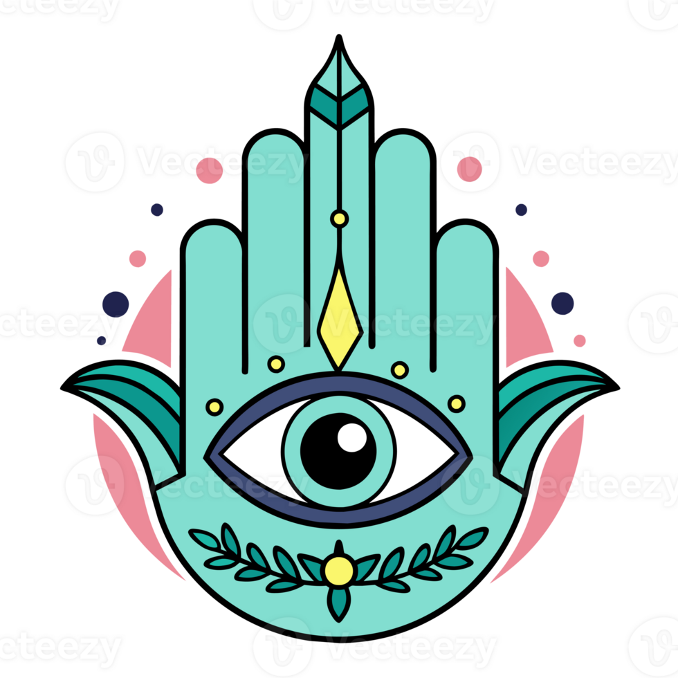 A colorful Hamsa hand design featuring an eye in the middle and symmetrical floral patterns on either side. png