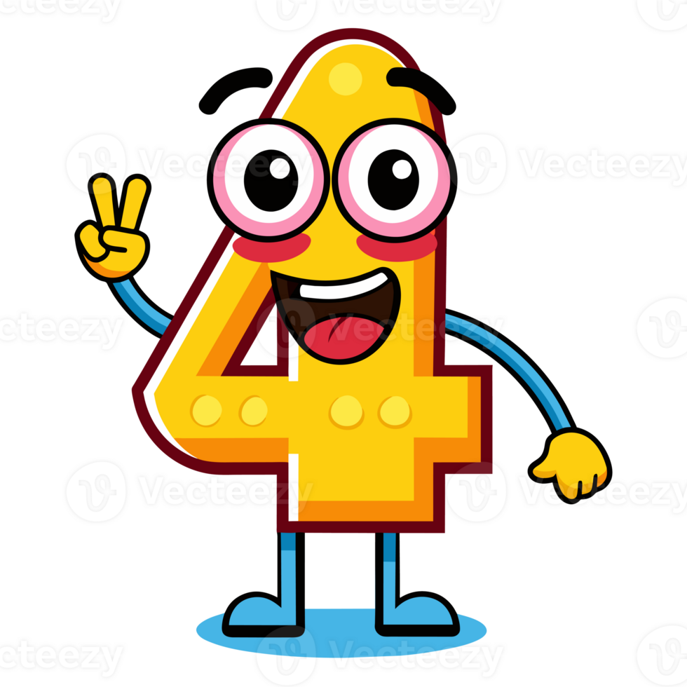 yellow joyful number 4 with eyes and arms and legs png