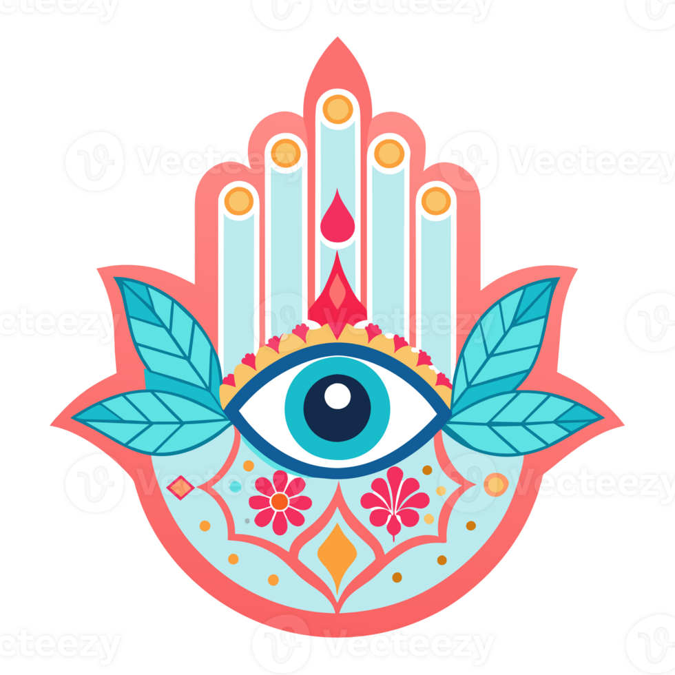 A colorful Hamsa hand design featuring an eye in the middle and symmetrical floral patterns on either side. png