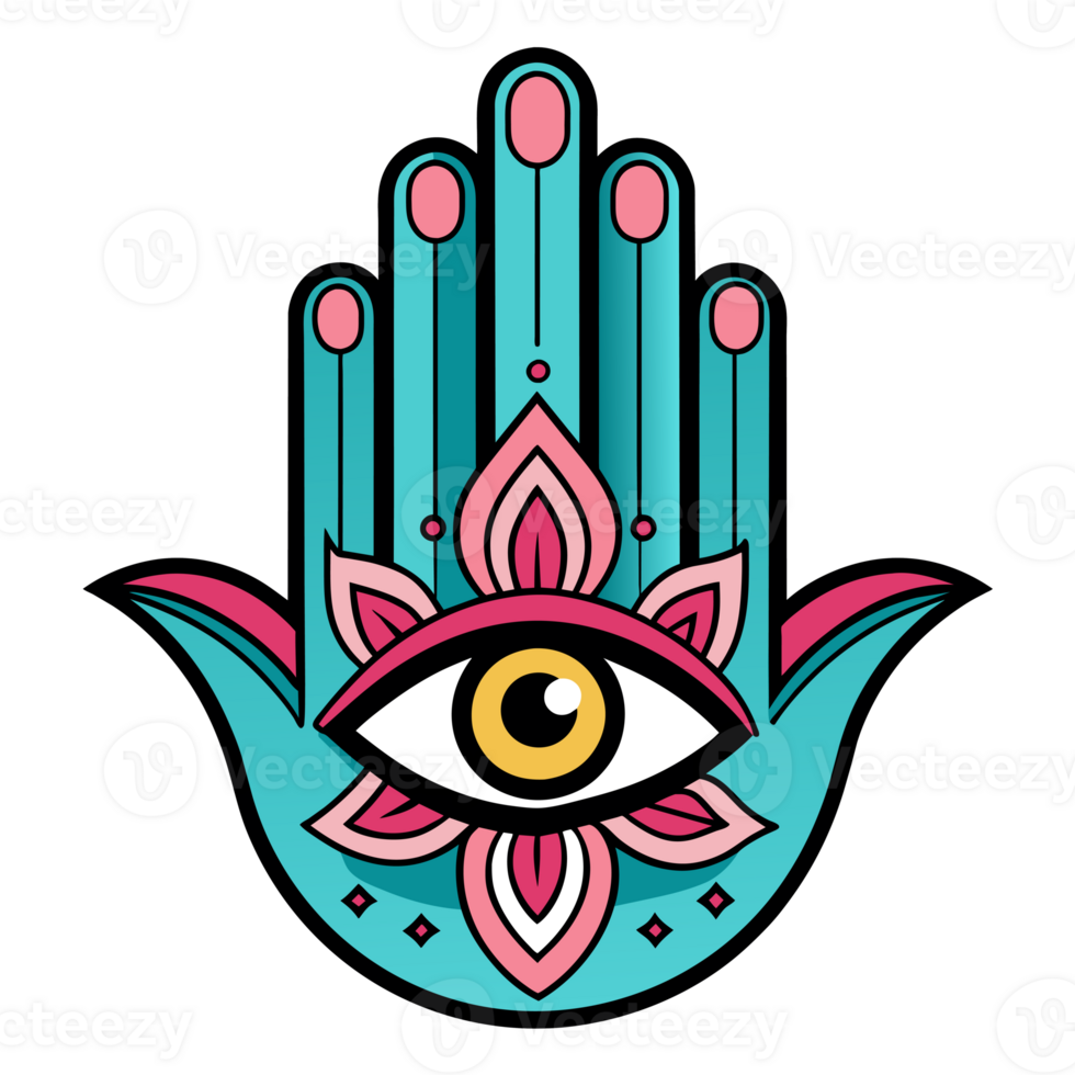 A colorful Hamsa hand design featuring an eye in the middle and symmetrical floral patterns on either side. png