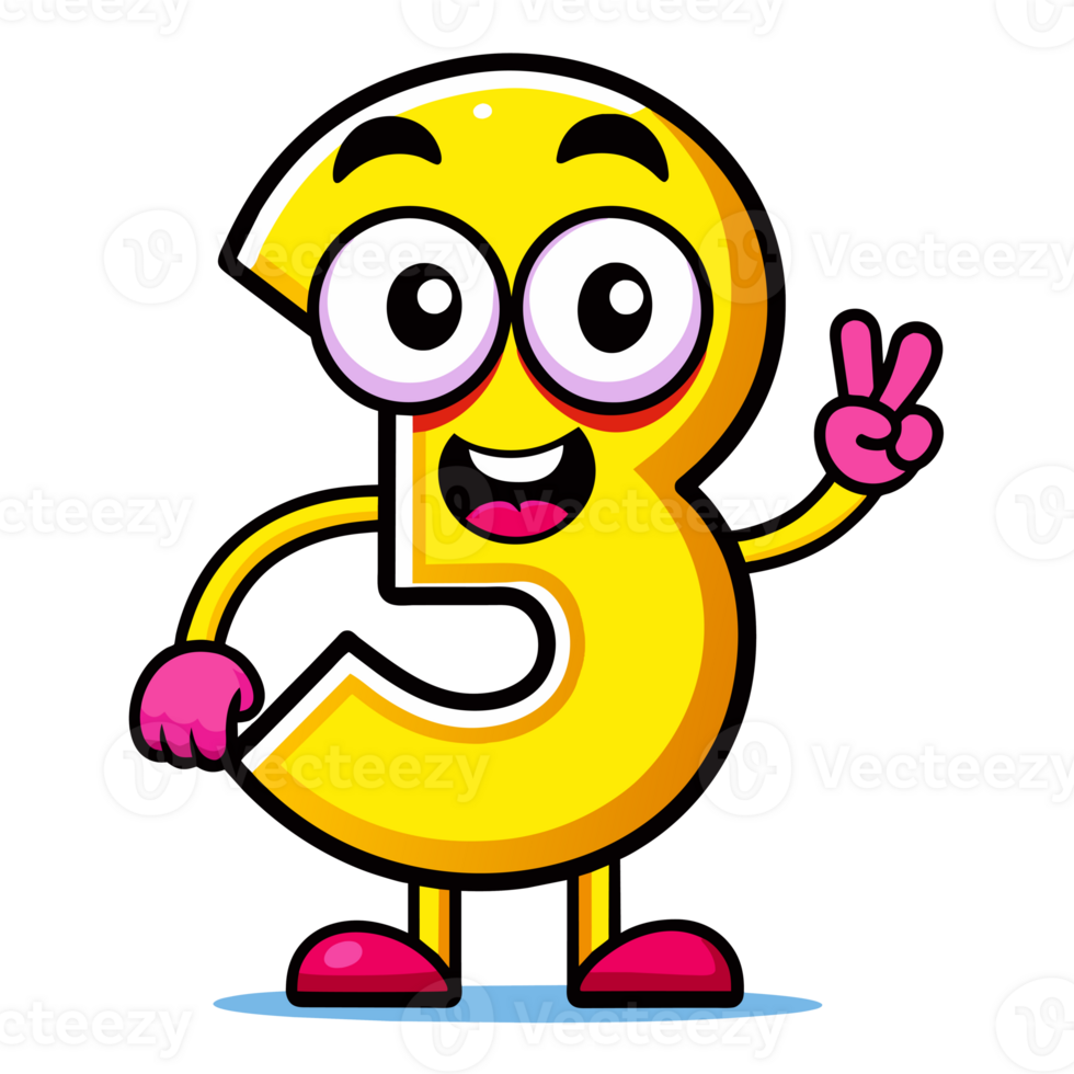 yellow joyful 3 number with eyes and arms and legs png