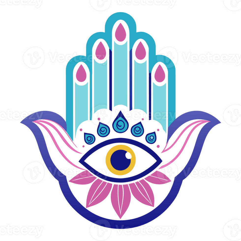 A colorful Hamsa hand design featuring an eye in the middle and symmetrical floral patterns on either side. png