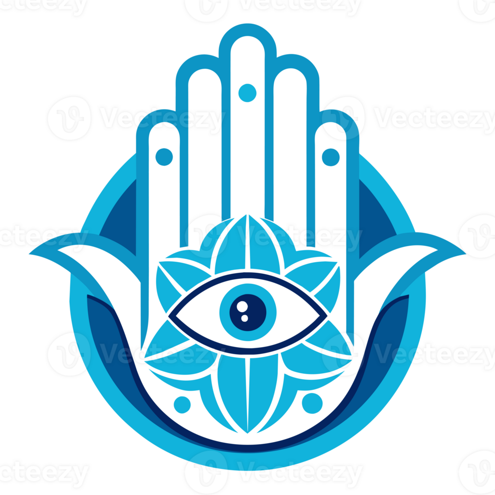 A colorful Hamsa hand design featuring an eye in the middle and symmetrical floral patterns on either side. png