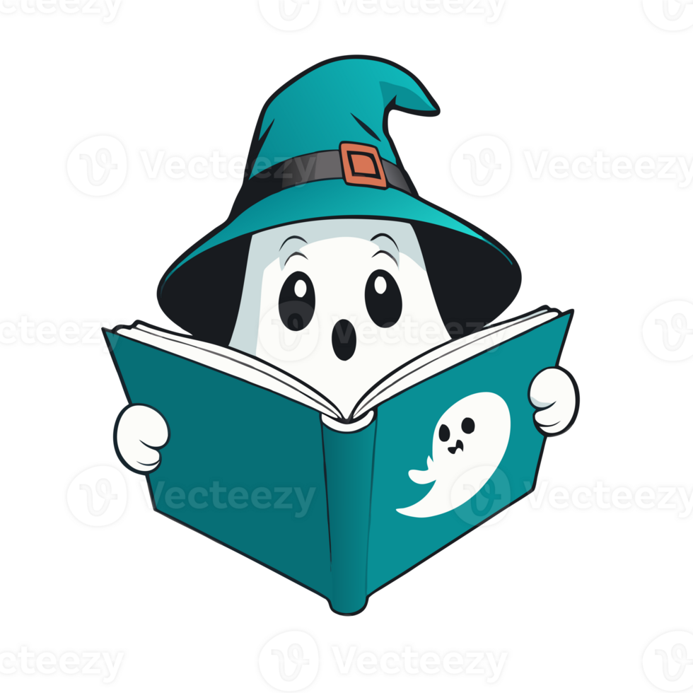 turquoise halloween ghost reading a book png