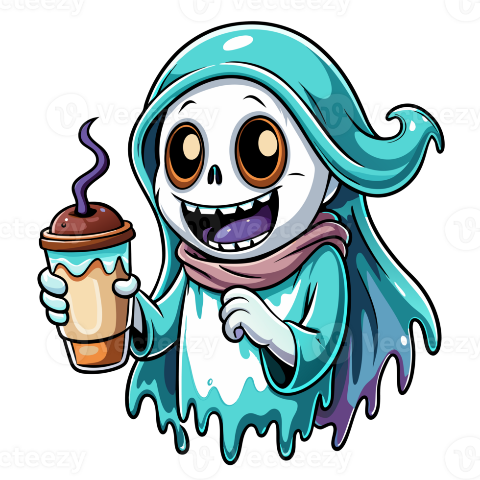 cartoon style skeleton draped in a blue ethereal cloak gives a thumbs up while holding a steaming coffee png