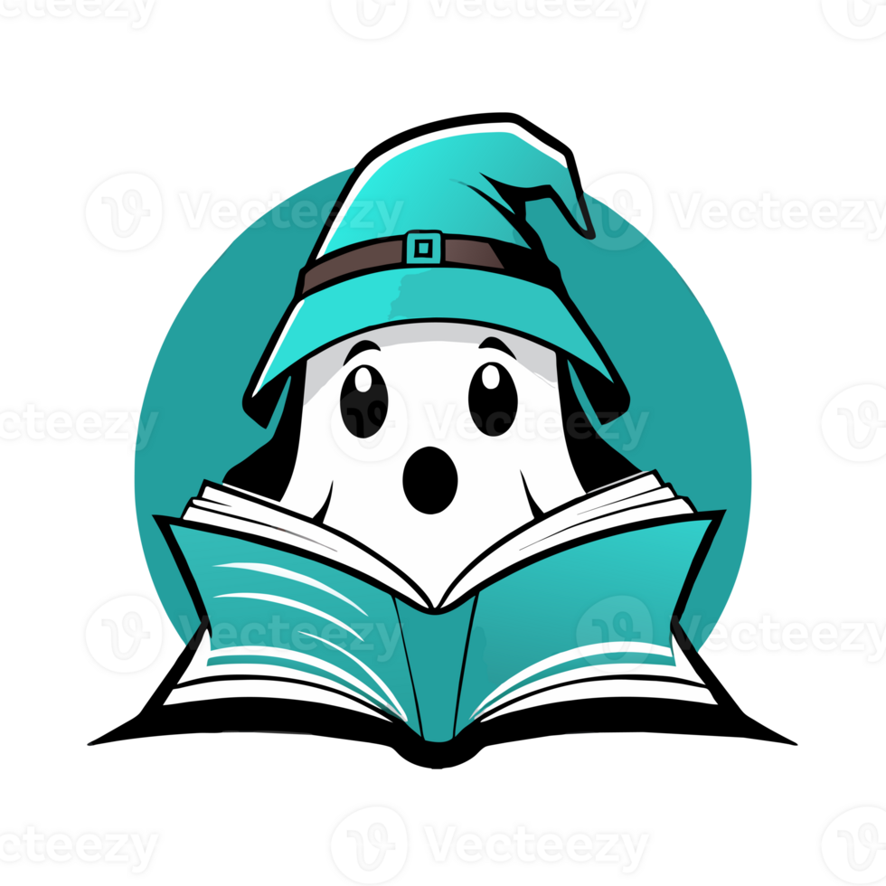 turquoise halloween ghost reading a book png