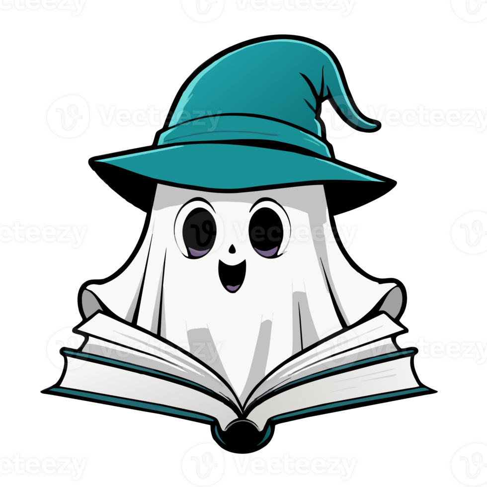 turquoise halloween ghost reading a book png
