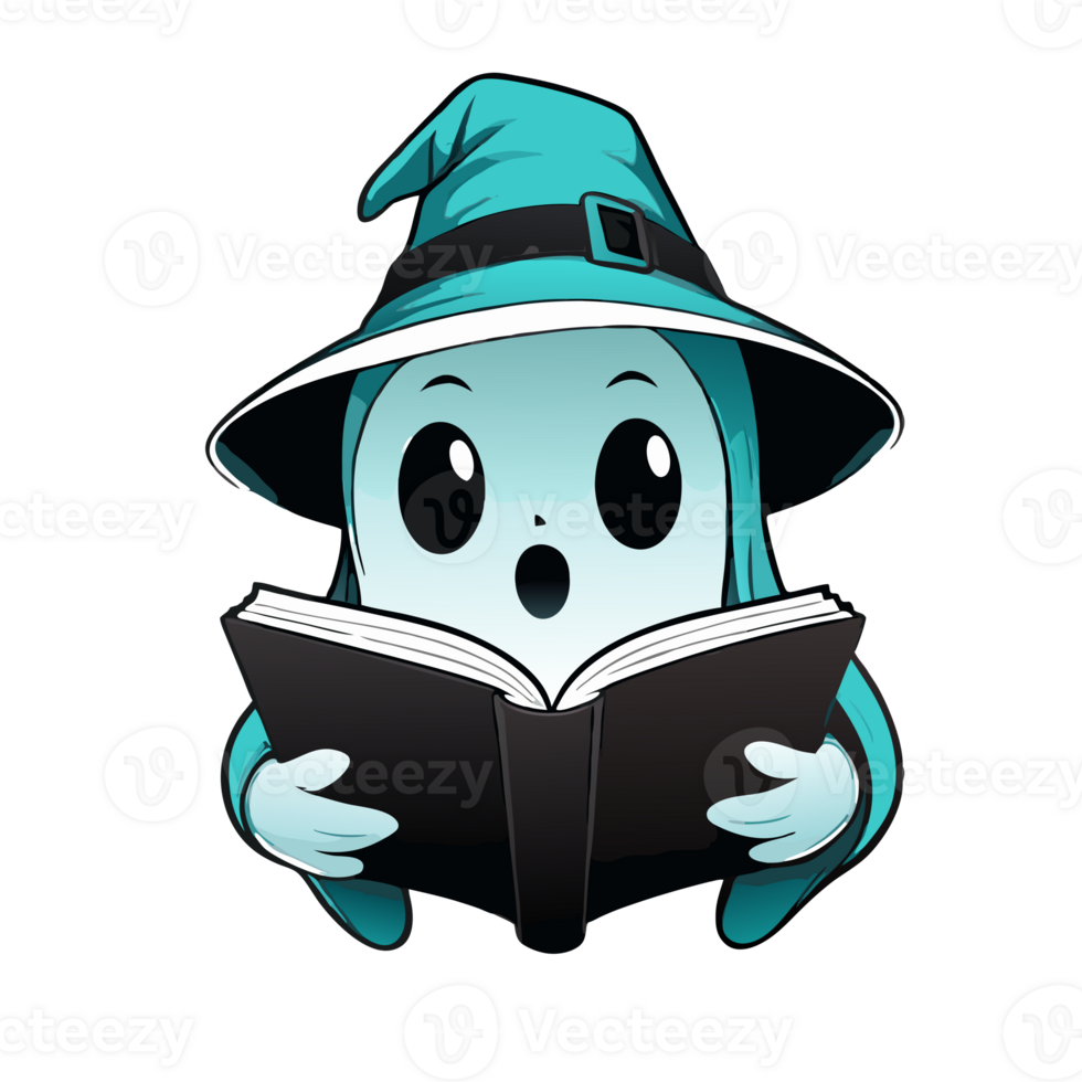 turquoise halloween ghost reading a book png