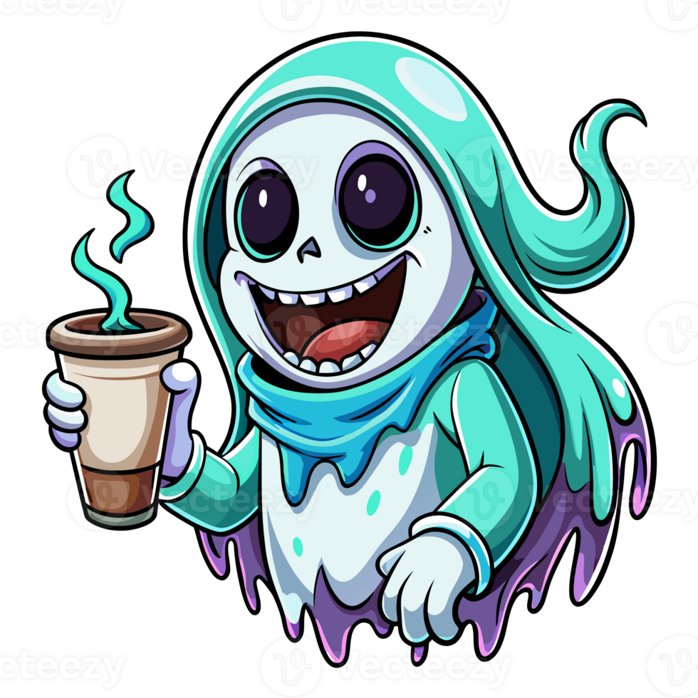 cartoon style skeleton draped in a blue ethereal cloak gives a thumbs up while holding a steaming coffee png