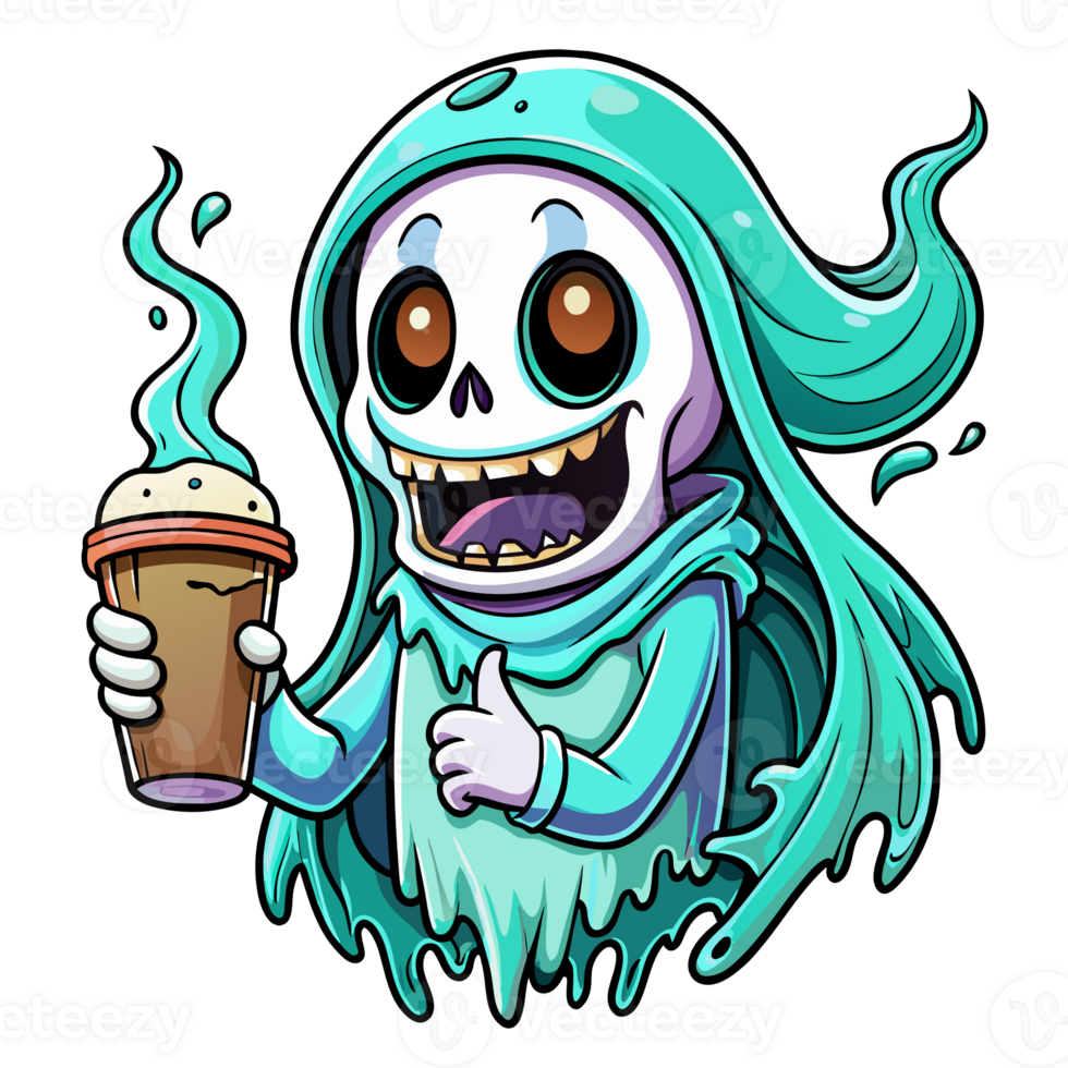 cartoon style skeleton draped in a blue ethereal cloak gives a thumbs up while holding a steaming coffee png