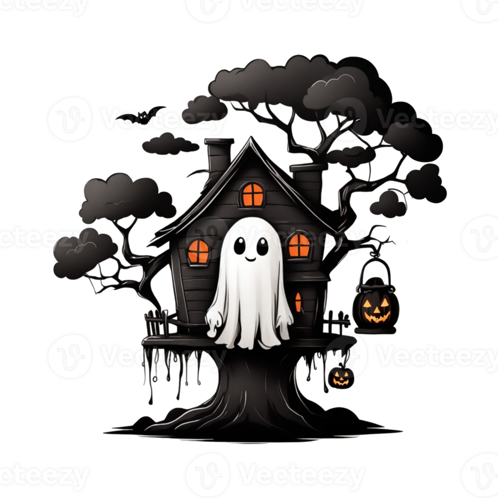 A ghost hovers near a spooky, dark house with glowing windows, surrounded by eerie trees and flying bats png