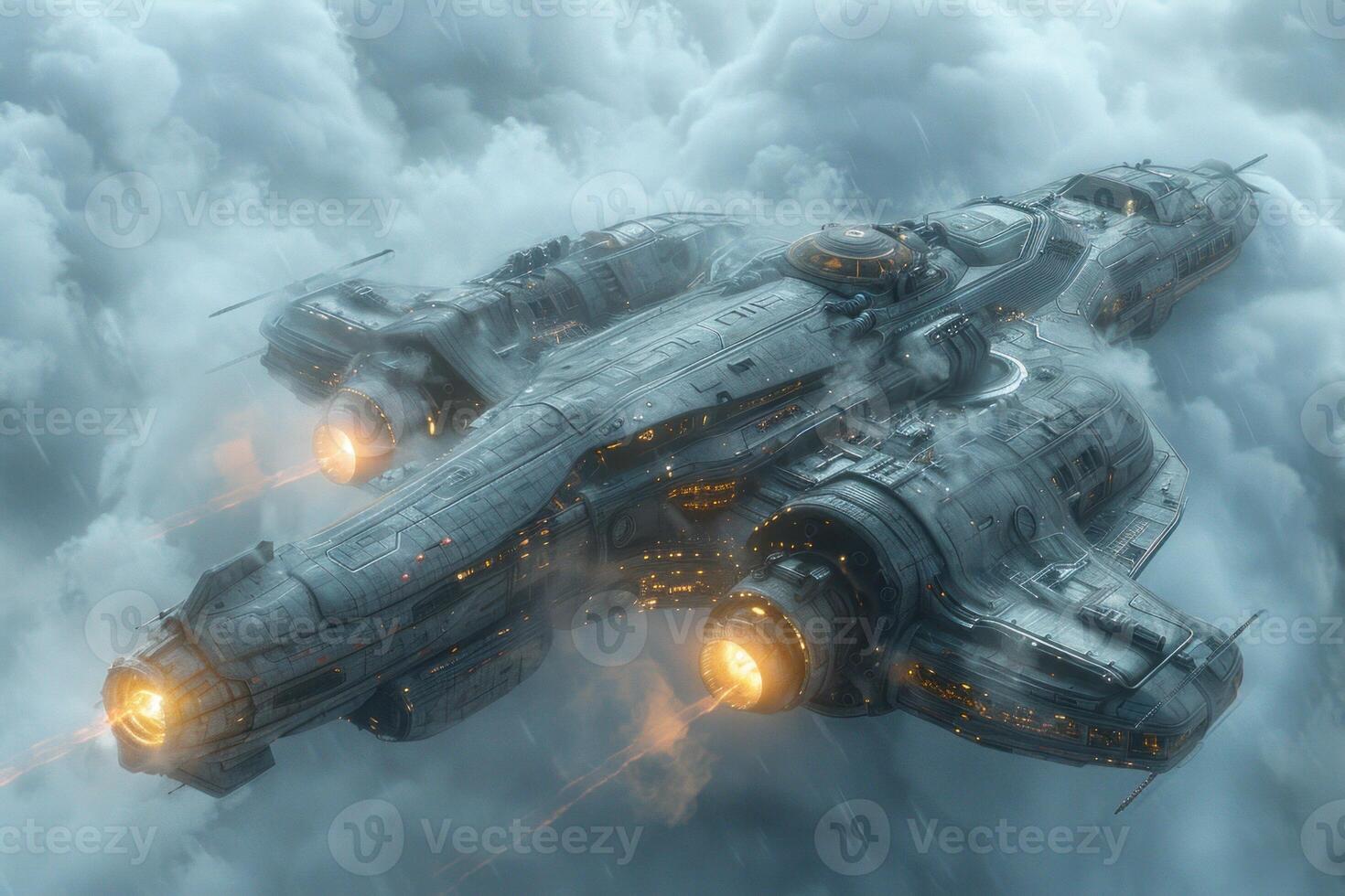 Illustration of a futuristic spaceship with illuminated engines soaring above the clouds, featuring advanced technology, exploration, and the thrill of space travel in a fantasy world photo