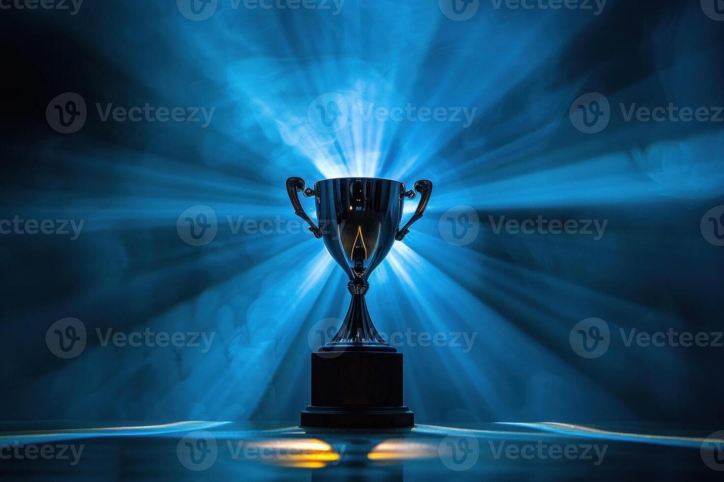 Shiny trophy gleams in blue light, representing success and triumph. Ideal for celebrating achievements and recognition photo