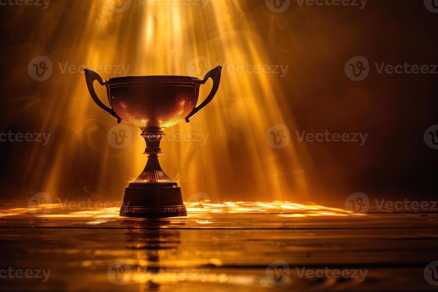 Golden trophy gleams under spotlight, casting shadows on wood. Represents success and triumph in a bright setting photo
