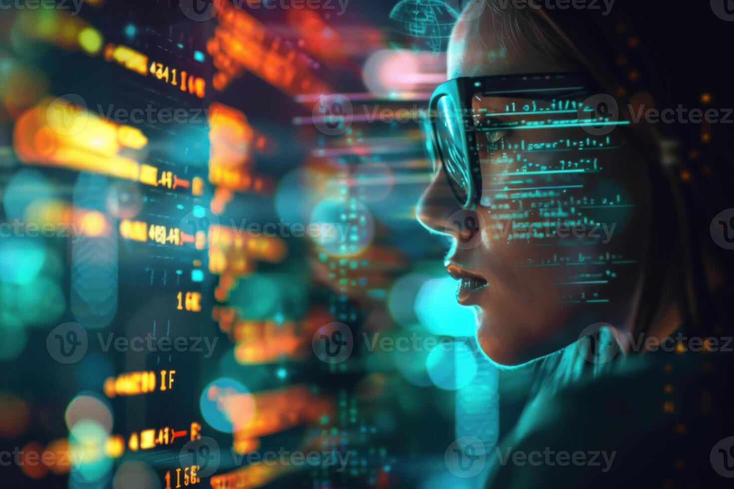Female programmer analysing code in virtual environment photo