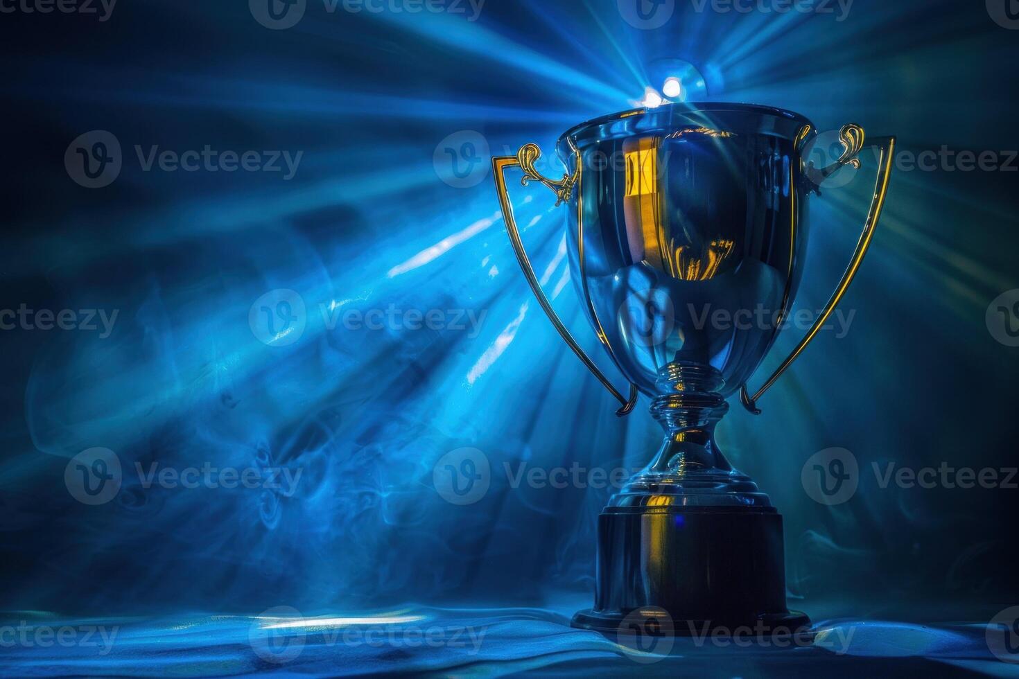 Gleaming trophy in blue light against smoky backdrop, representing success and triumph in a contest photo