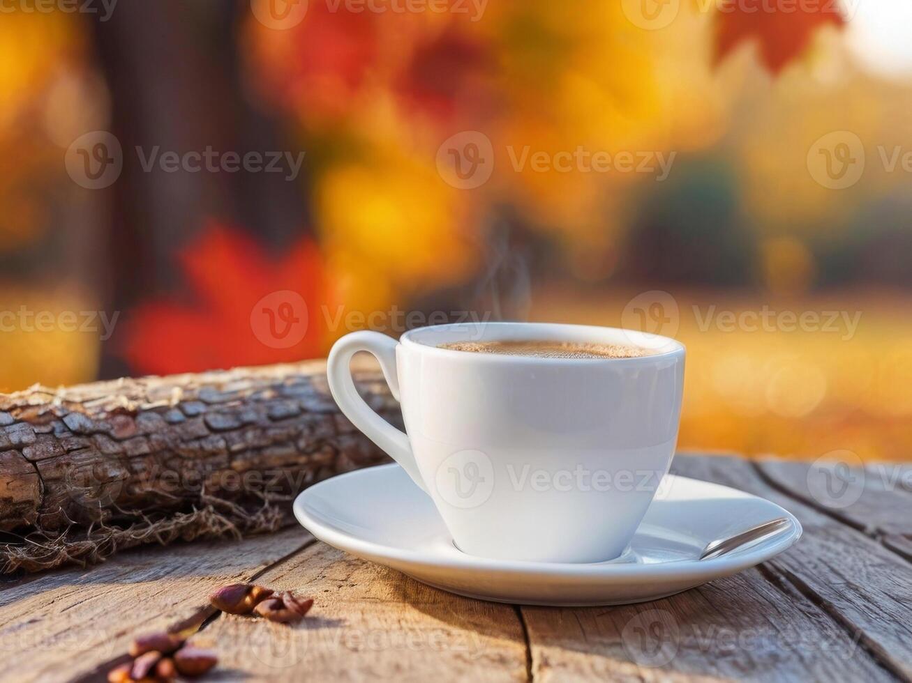 Autumn leaves and a hot steaming cup of coffee. A wooden table and a cup of coffee by the window against the backdrop of an autumn forest. Autumn season, free time, coffee break photo