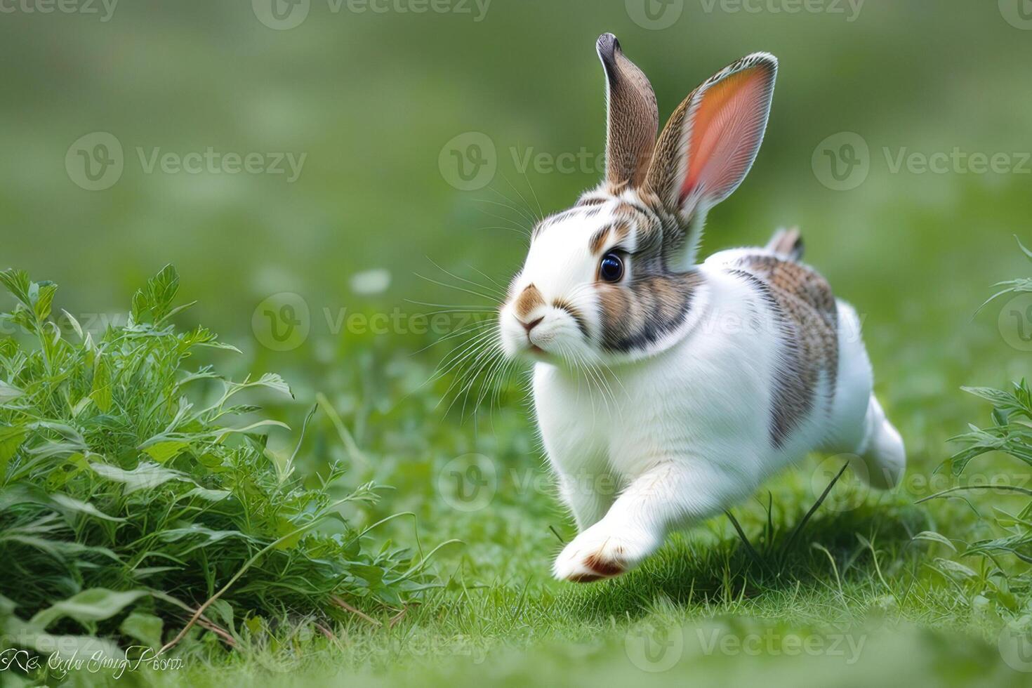 A white hare runs across a field with green grass photo
