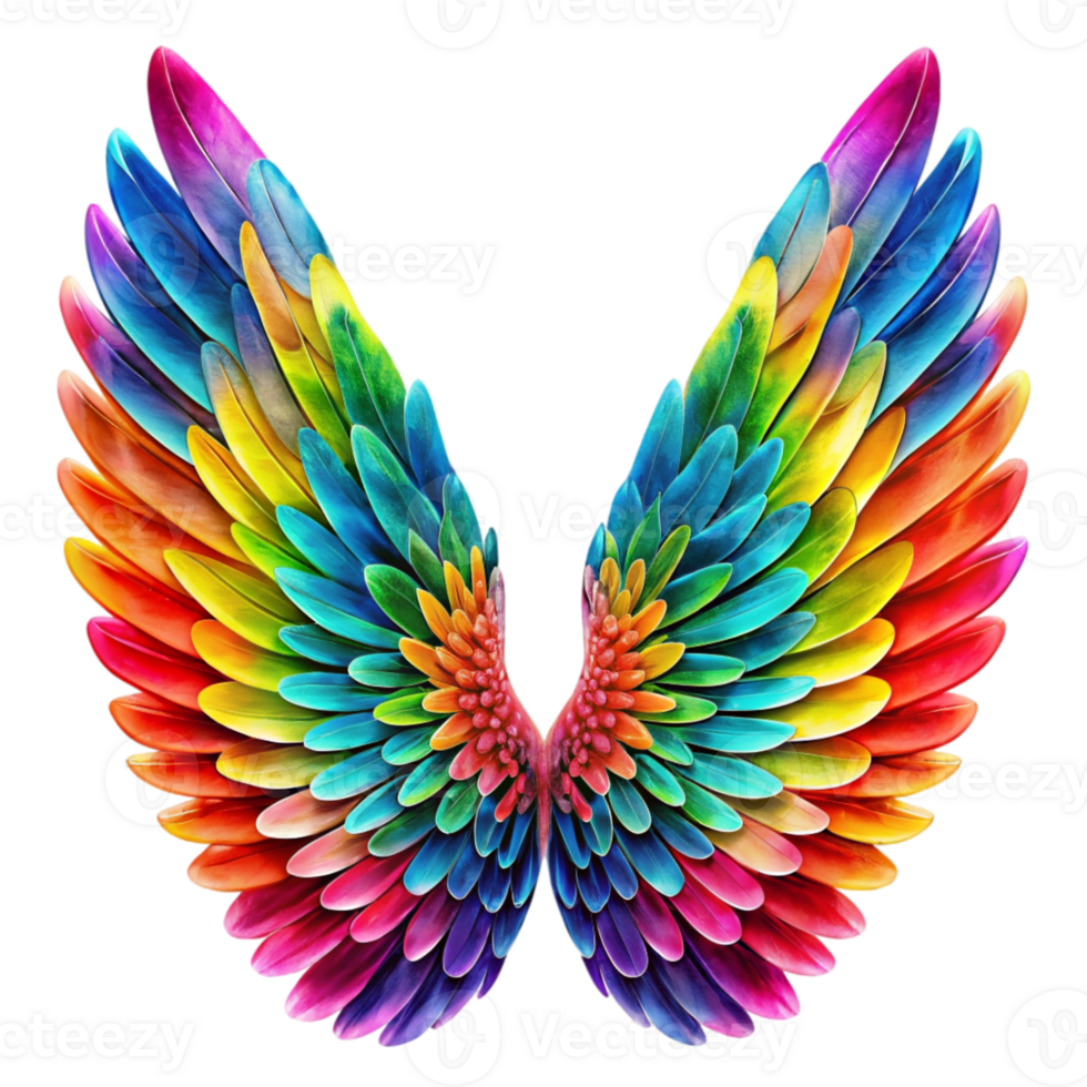 A pair of multicolored wings is depicted displaying a gradient of hues from blue and green to red and yellow png
