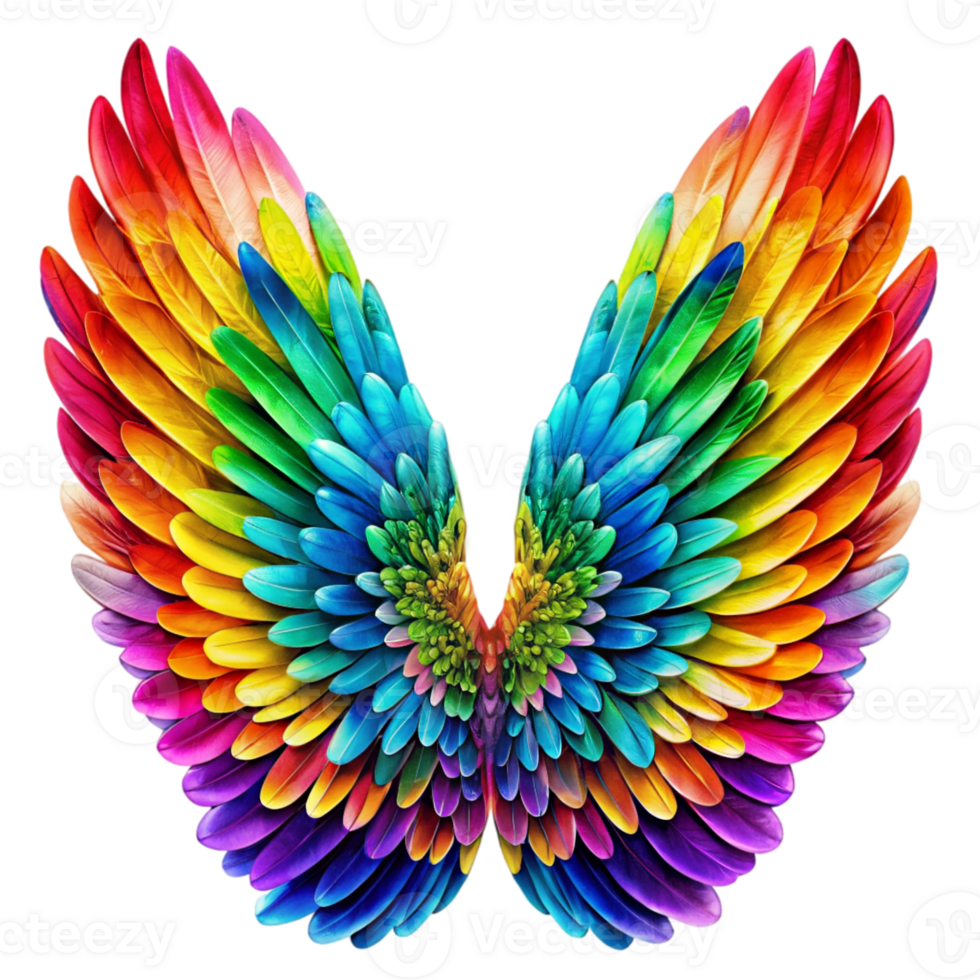 A pair of multicolored wings is depicted displaying a gradient of hues from blue and green to red and yellow png