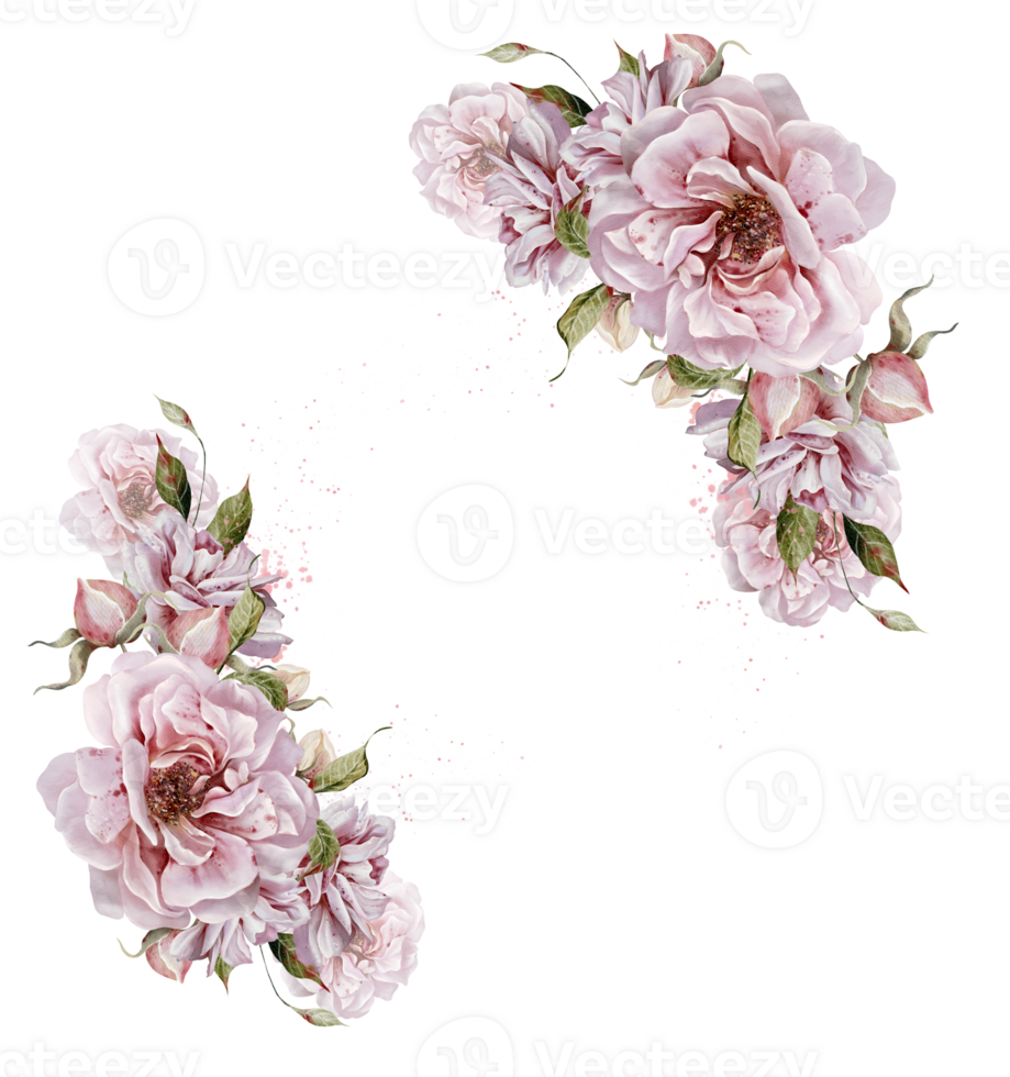 Watercolor card with roses and leaves. png