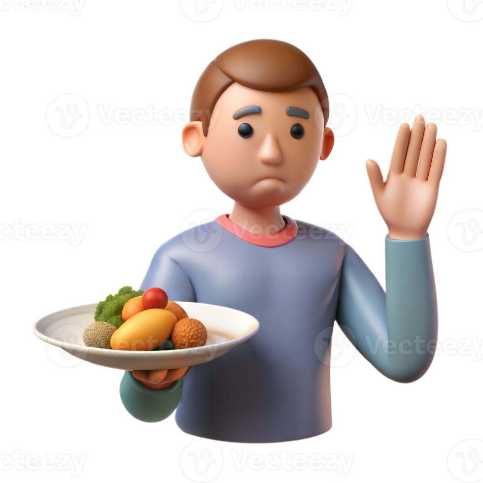 3D illustration of a person rejecting a plate of food, indicating refusal or dietary preference png