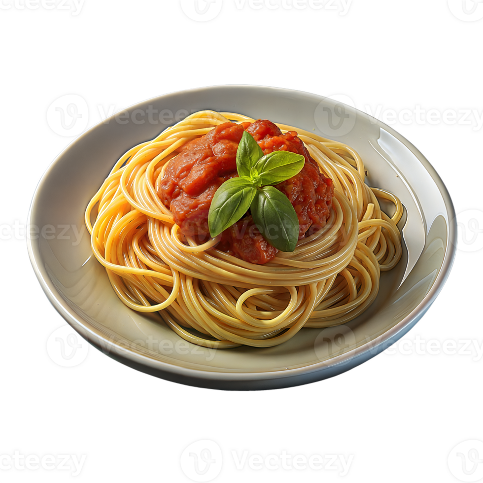 Delicious spaghetti with tomato sauce and basil on transparent background png