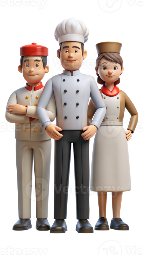 Group of animated chefs and delivery people on transparent background png