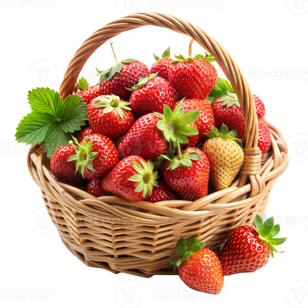Fresco maduro fresas en un cesta en un transparente antecedentes png