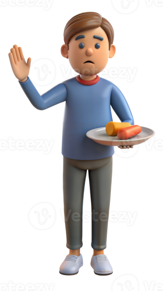 A person refusing a plate of food with a hand gesture, suggesting dislike or dietary preferences on a transparent background png