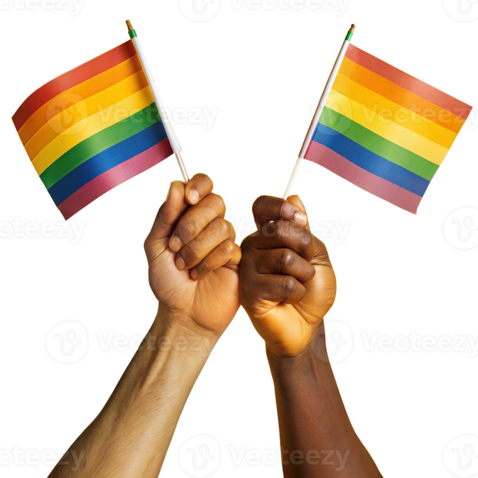 Hands holding pride flags on a transparent background representing unity and diversity png