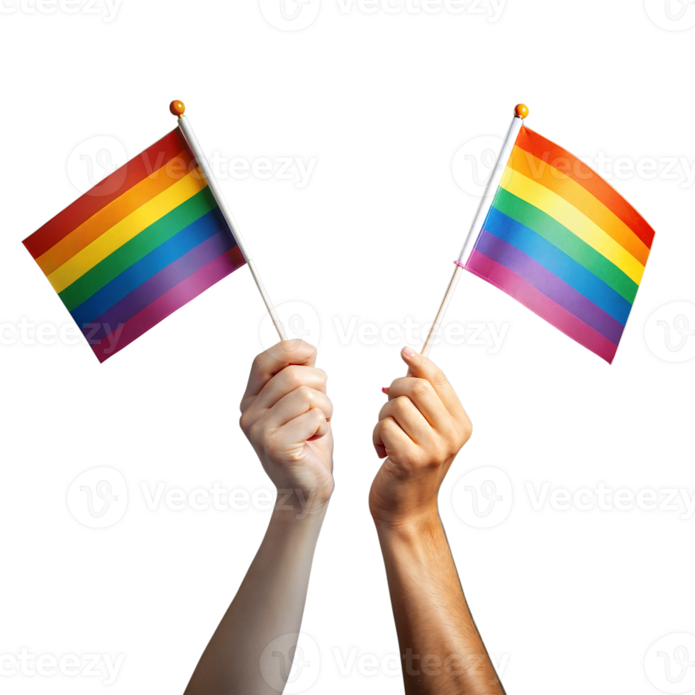 Hands holding pride flags on a transparent background representing LGBTQ pride and equality png