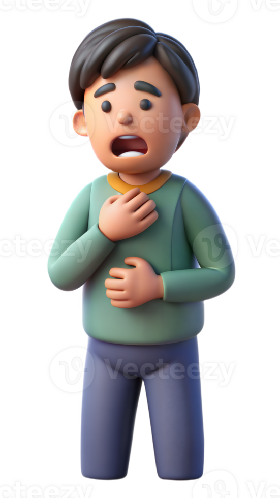 3D character feeling nauseous with hand on chest and stomach on a transparent background png
