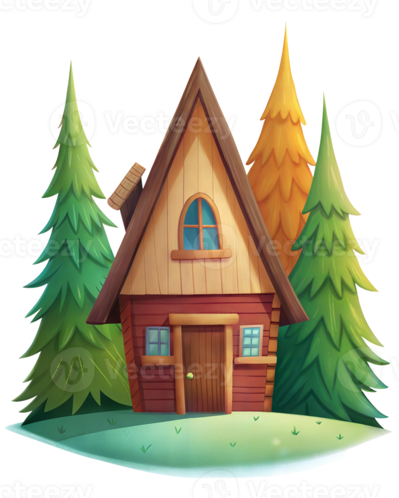 Charming cartoon wooden house in a forest setting png