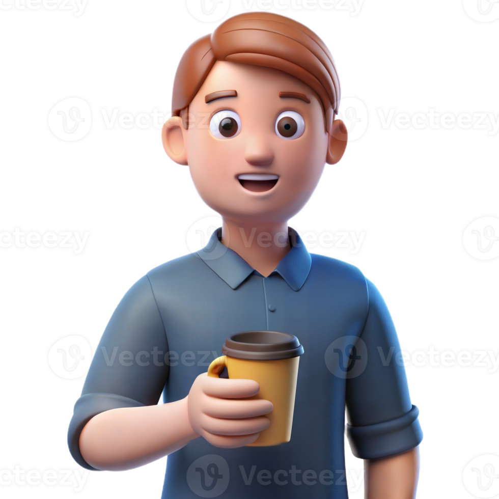 3D character pointing at stain on shirt while holding coffee cup on transparent background png