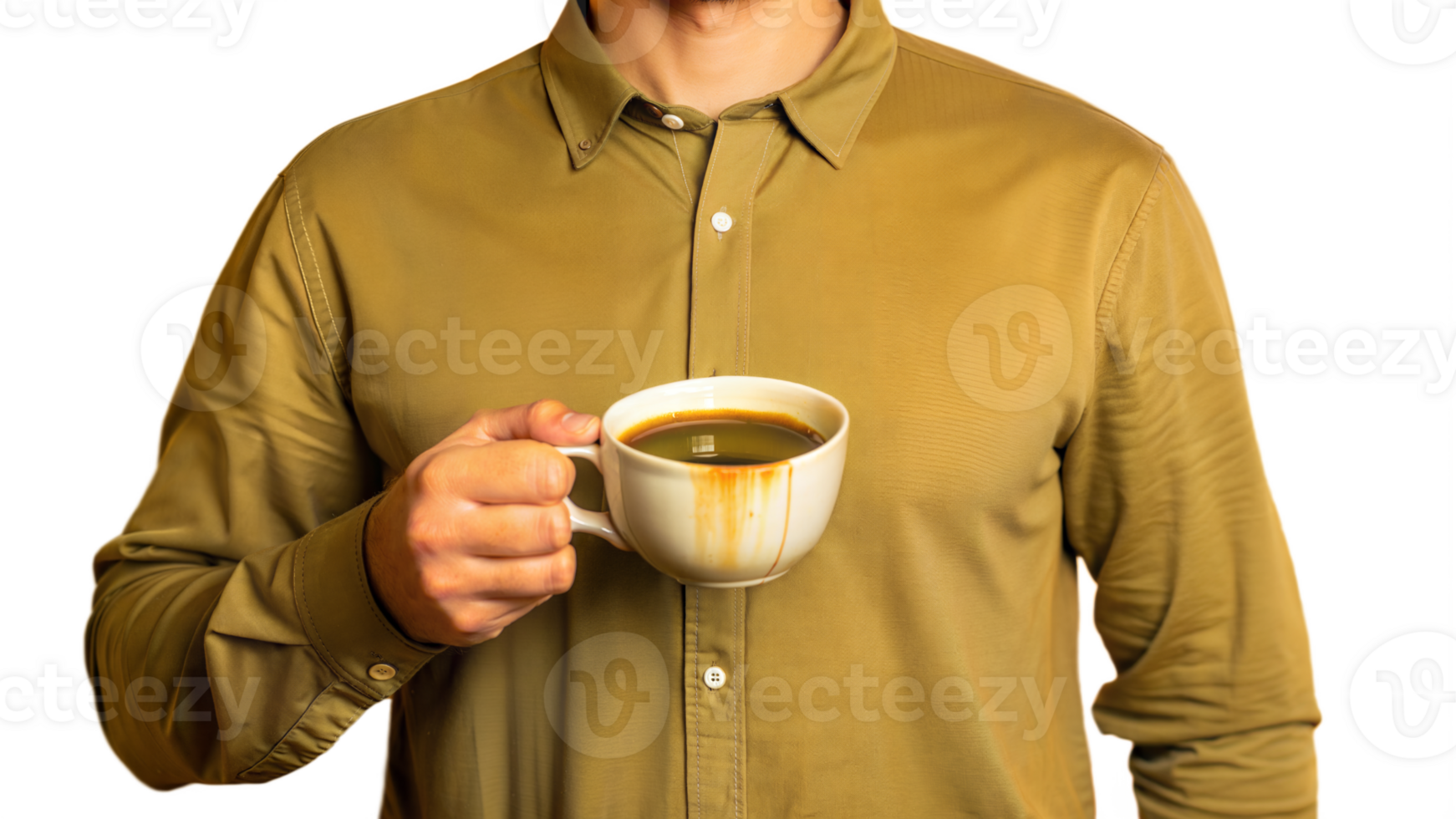 Person showing coffee stain on shirt while holding mug on transparent background png