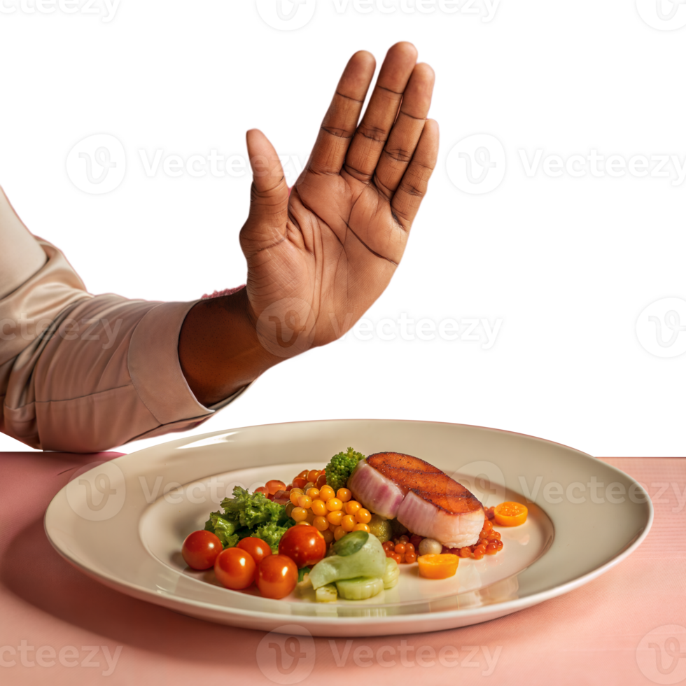Close-up of a person refusing a plate of healthy food on a transparent background png