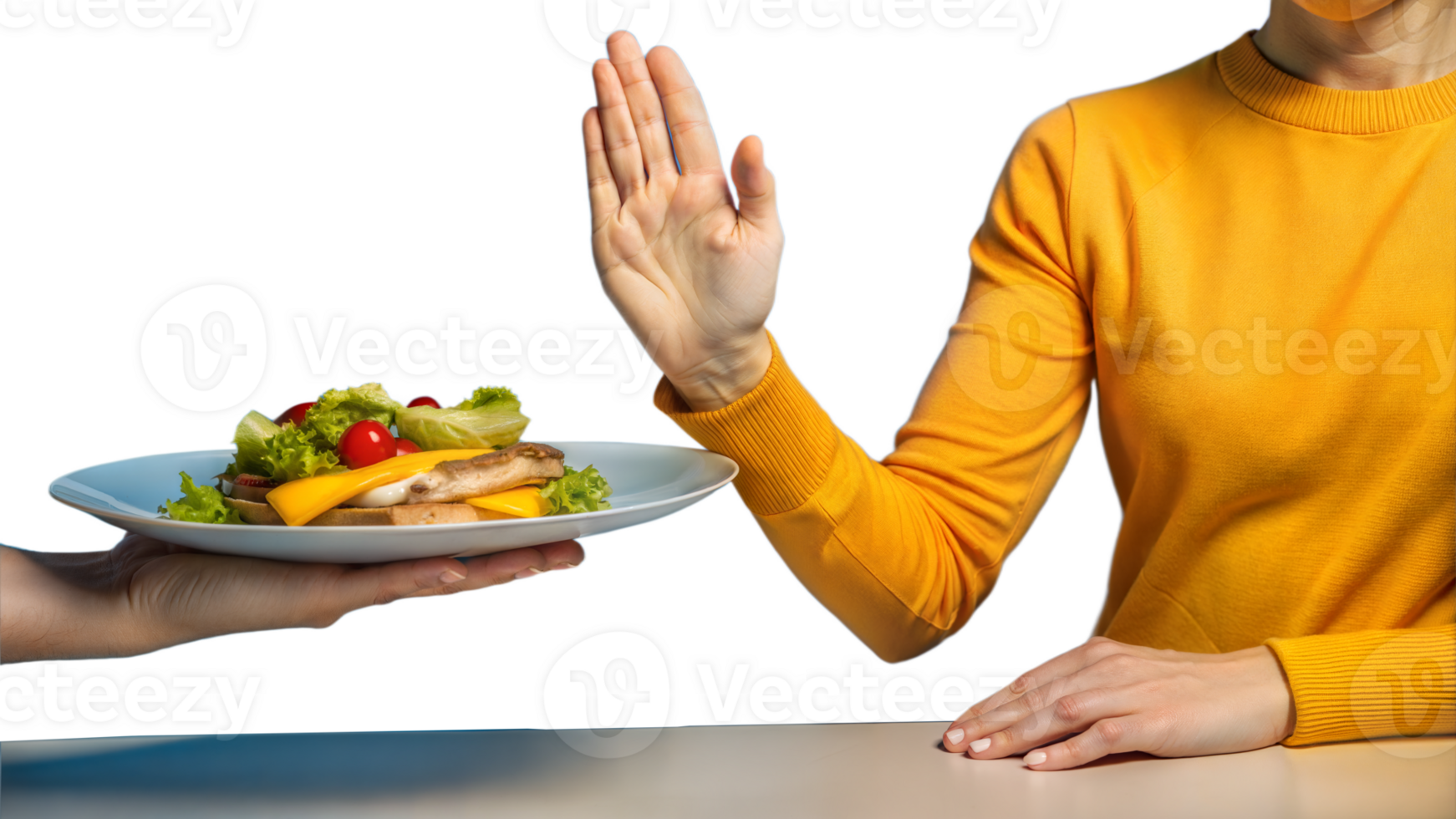 Person refusing plate of food suggesting dietary restriction on transparent background png